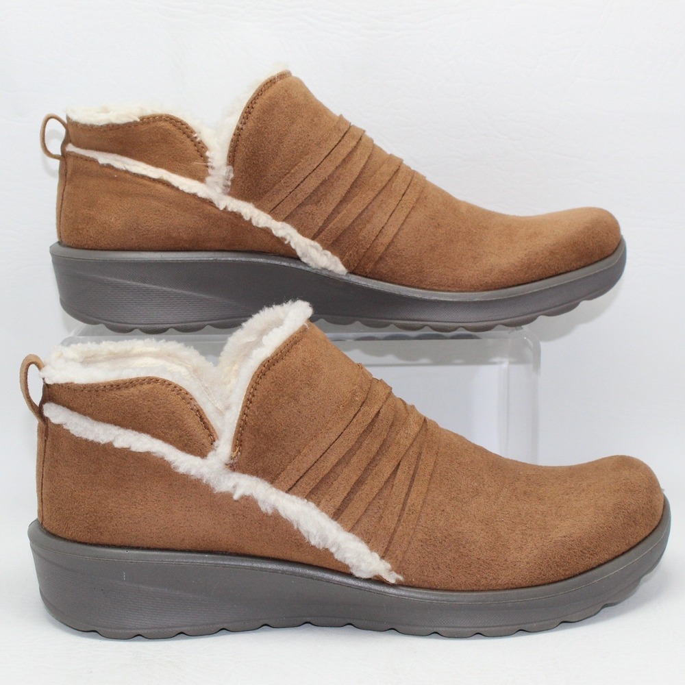 Bzees Glide Womens 9M Brown Fabric Faux Fur Trim‎ Slip On Wedge Ankle Boots